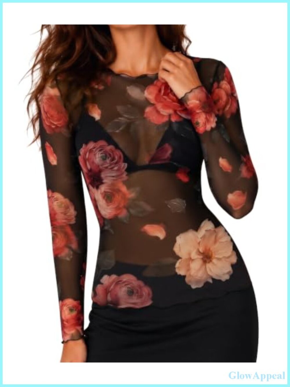 Women's Sheer Lace Long Sleeve Top Mesh Crewneck Floral Blouse